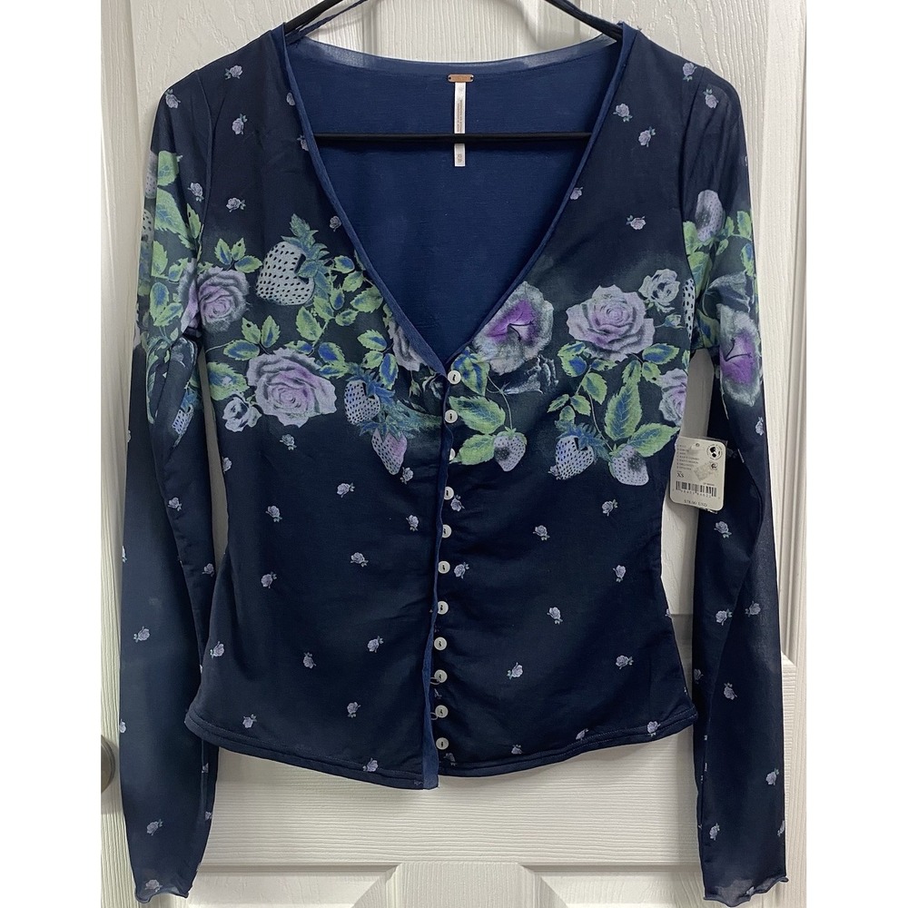 Free People Women Home Grown Mesh Cardi Shirt Blue & Purple Floral Top XS NWT